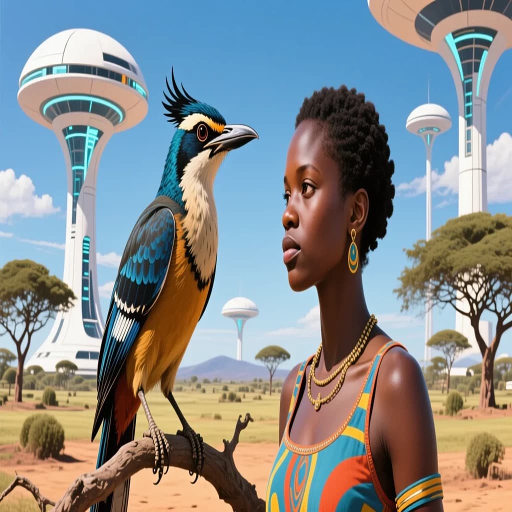 Jacamar and Mollie in Dodoma, Tanzania in the style of futurism