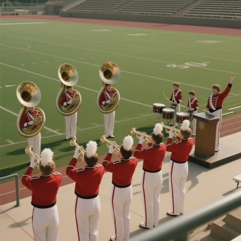 Nineteen seventies Kodachrome-era colour film look, faded warm grain and slight overexposure: a high school marching band seen from a stadium walkway. Front rank of five trumpet players in red and white uniforms, all with horns raised. Behind them three sousaphones in a triangle, the middle player caught mid turn. A line of four drummers to the right, the snare drummer nearest the camera mid stroke. A single drum major stands on a podium at the far left with his back to us, arms up. Empty green field behind them.