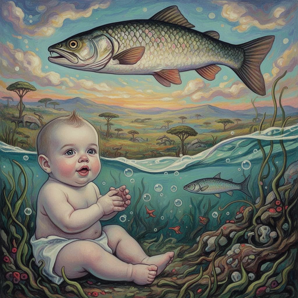 Baby and Garpike in Nairobi, Kenya in the style of surrealist