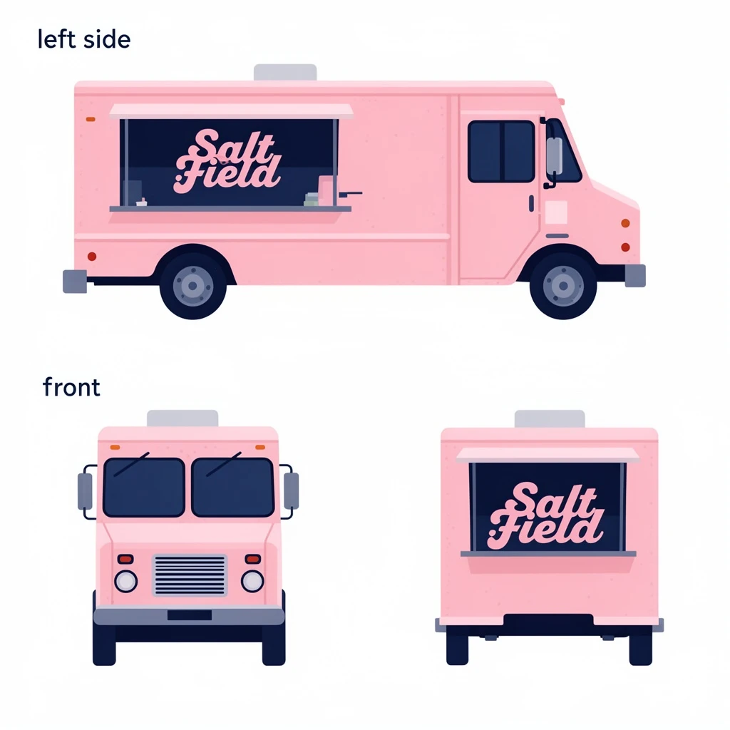 Flat vector illustration of the same food truck drawn in two sides, captioned "left side" and "front", every side carrying the wordmark "Salt Field" in the same pink-and-navy coloring, only the side changing.