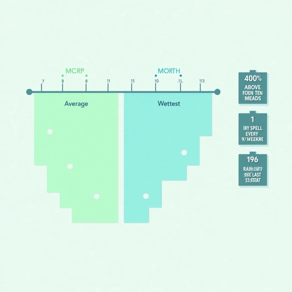 Flat vector illustration titled "The Wet Season Count": at the center a twelve-month rainfall timeline, carrying two keyed regions, "Average" shaded pale green and "Wettest" shaded dark blue, beside a right column of three stat chips reading "40% above the ten-year mean", "1 dry spell every 9 weeks" and "195 rain days last year".