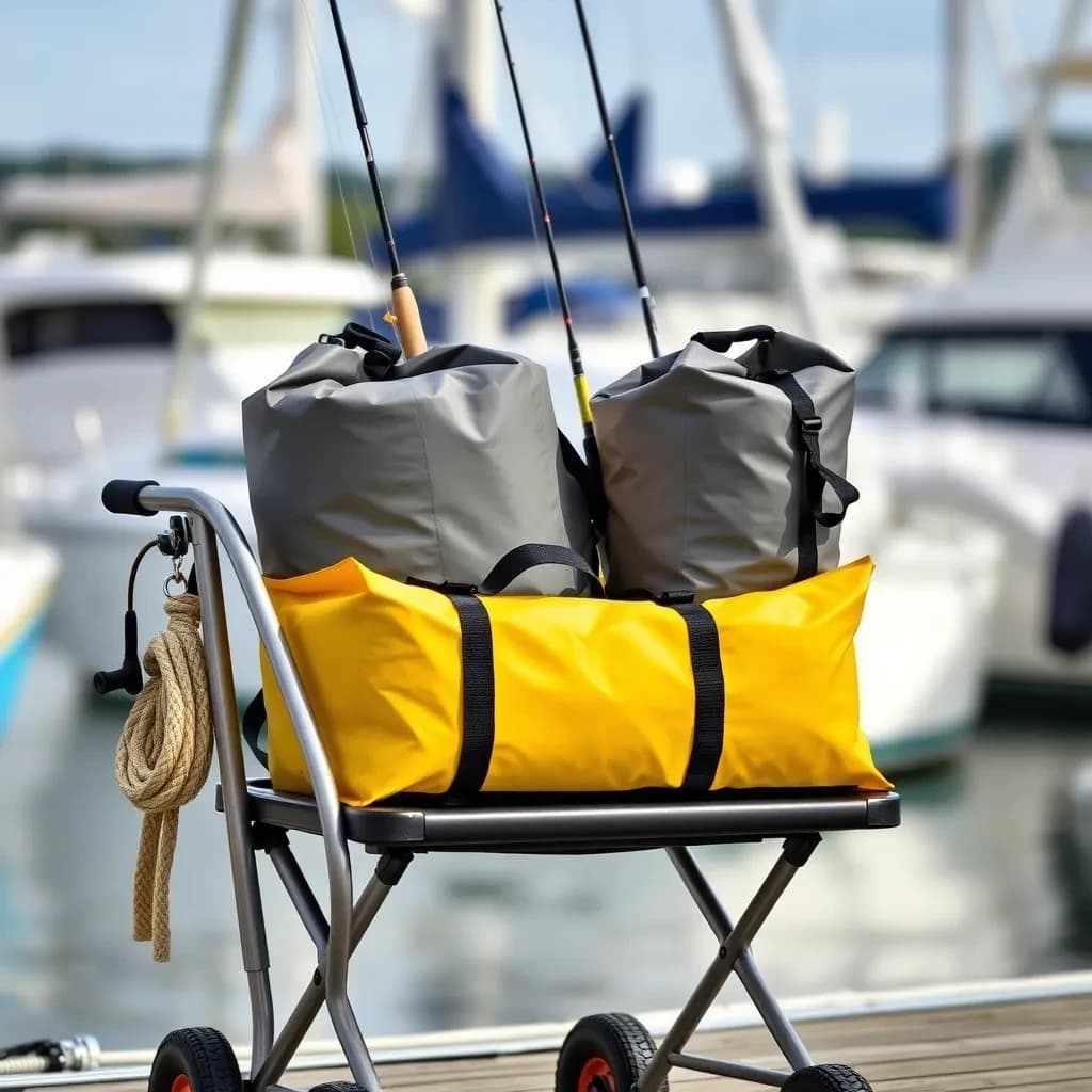 Lifestyle listing photo on a marina dock: a folding dock cart holding three dry bags, the largest yellow and the two smaller ones grey, two fishing rods leaning against the handle, and one coiled dock line hanging from the front rail. Masts blurred behind.