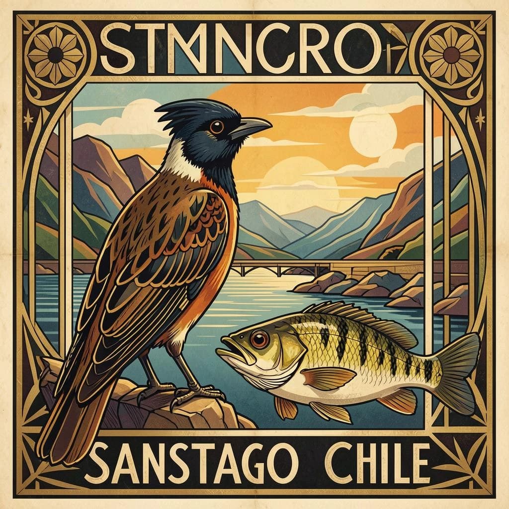 Crested Myna and Gudgeon in Santiago, Chile in the style of art deco