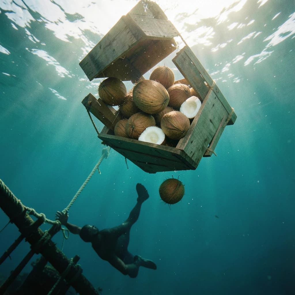 Underwater photography, film still from a castaway feature, shot from six metres down looking up toward the surface. A wooden crate has burst mid-sink: nine coconuts drift out of it, five still husked and pale brown, four split open and white, the split ones sinking faster than the whole ones. The crate hangs above them, lid half torn away, roped to a sunken mast that runs out of frame to the lower left. A swimmer silhouetted against the bright surface reaches down toward the nearest whole coconut, one fin missing. Blue green water column, sunbeams, drifting particles, natural light only.