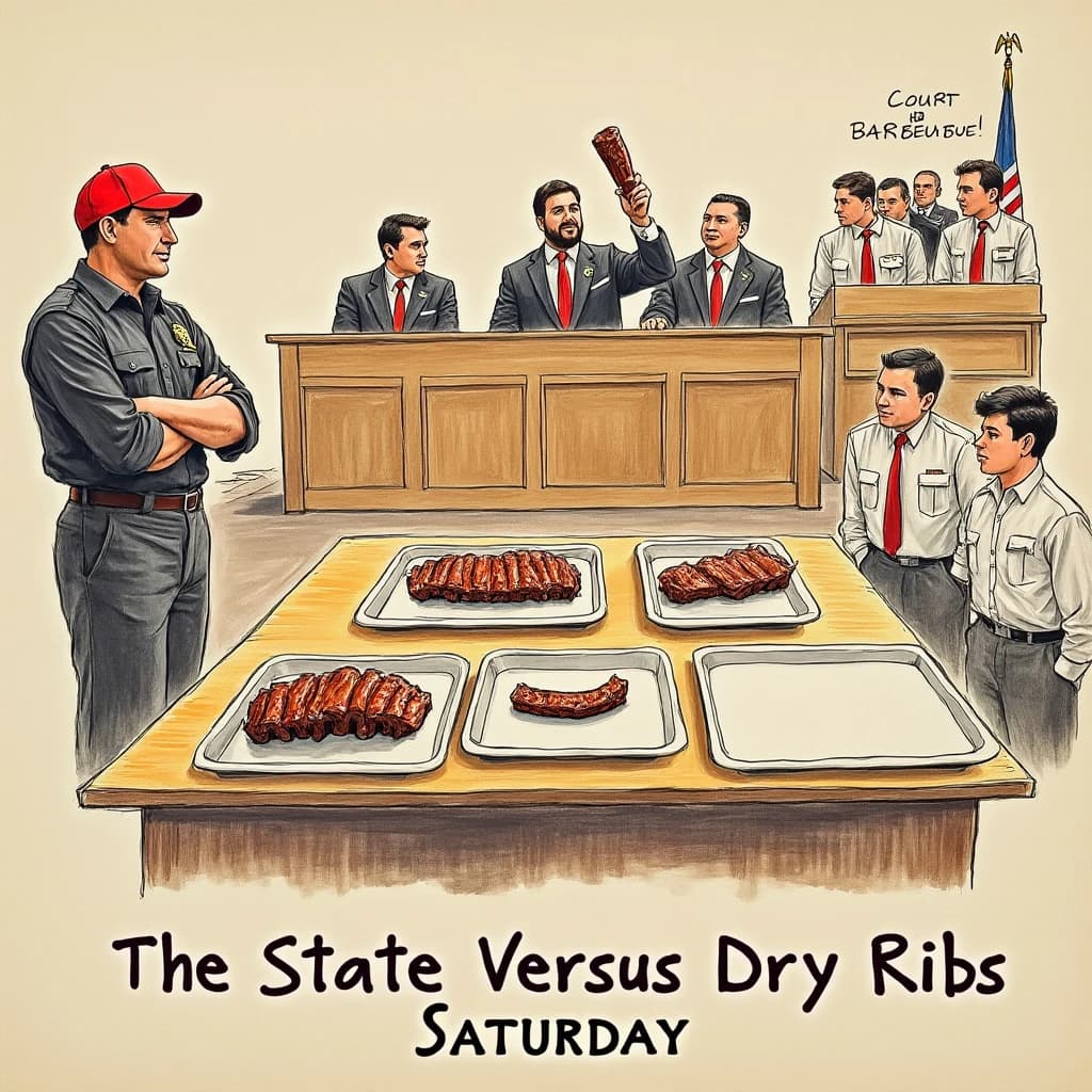 Courtroom sketch poster in colored pencil on toned paper for a barbecue joint's rib contest. The judges' bench sits at top center with three judges behind it, the middle one holding a rib up to the light while the other two turn toward each other. On the evidence table below stand four trays: two stacked with ribs, one holding a single burnt end, one empty. A pitmaster in a red cap stands at the podium on the left with his arms crossed. Six jurors fill the box on the right, five with napkins tucked into their collars and one without. Caption bar at the bottom reads "The State Versus Dry Ribs, Saturday".