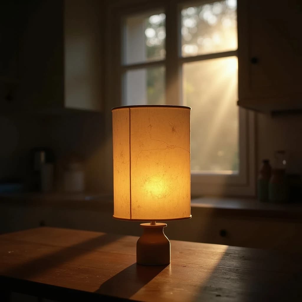 The still point when a paper lantern reads as a single dark silhouette, in a sunlit kitchen, under soft morning light.