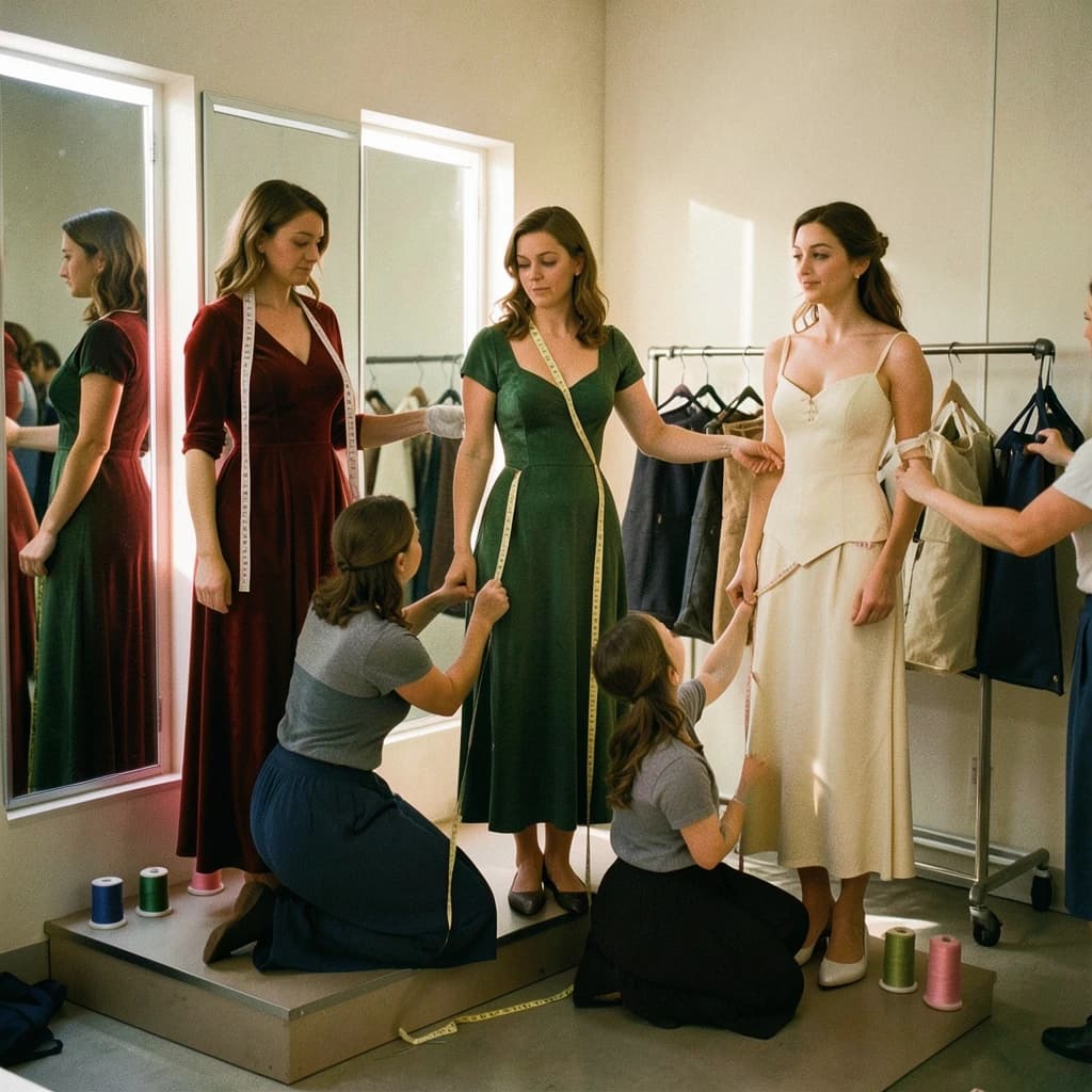 35mm film photograph, wardrobe fitting room, warm late afternoon window light and soft grain. Three actresses stand on low platforms in front of a three-panel mirror. The one in the red velvet gown has a cloth tape measure draped around her neck. A seamstress kneels beside the one in the green gown, measuring her hem with a second tape measure. The third actress, in an unfinished cream bodice, holds both arms out while another seamstress pins her sleeve. Six spools of thread line the windowsill, and only the two at the right end are unwound. A rolling rack behind them carries eight garment bags, one of them unzipped.