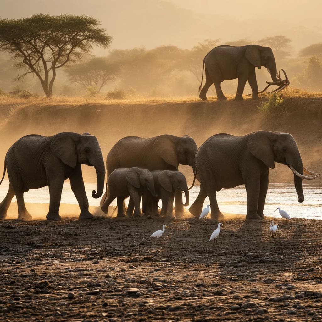 Wildlife photograph for a conservation campaign: a herd crossing a dusty riverbed in low sun. Seven elephants walking left to right, three adults flanking on the outside and two calves tucked between them, one adult trailing at the rear with a broken tusk, and the lead matriarch already up the far bank. Four egrets on the ground, only two of them near the calves. Long shadows, dust haze, nothing written in frame.