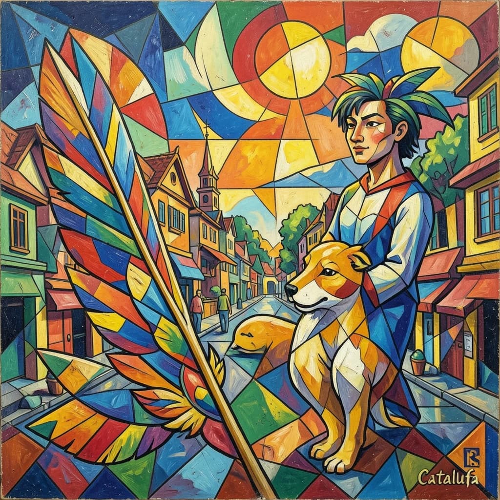 Flight Feather and Catalufa in Hanoi, Vietnam in the style of cubist