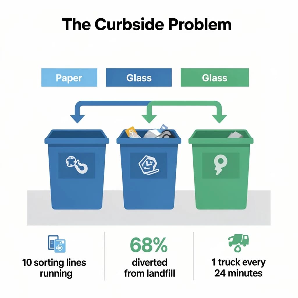 Flat vector illustration titled "The Curbside Problem". Three sorting bins with arrows to their destinations sits at the center, carrying two keyed regions, "Paper" shaded blue and "Glass" shaded green. Three stat chips run down a bottom row, reading "10 sorting lines running", "68% diverted from landfill" and "1 truck every 24 minutes". Each key color matches the shading of the region it names.