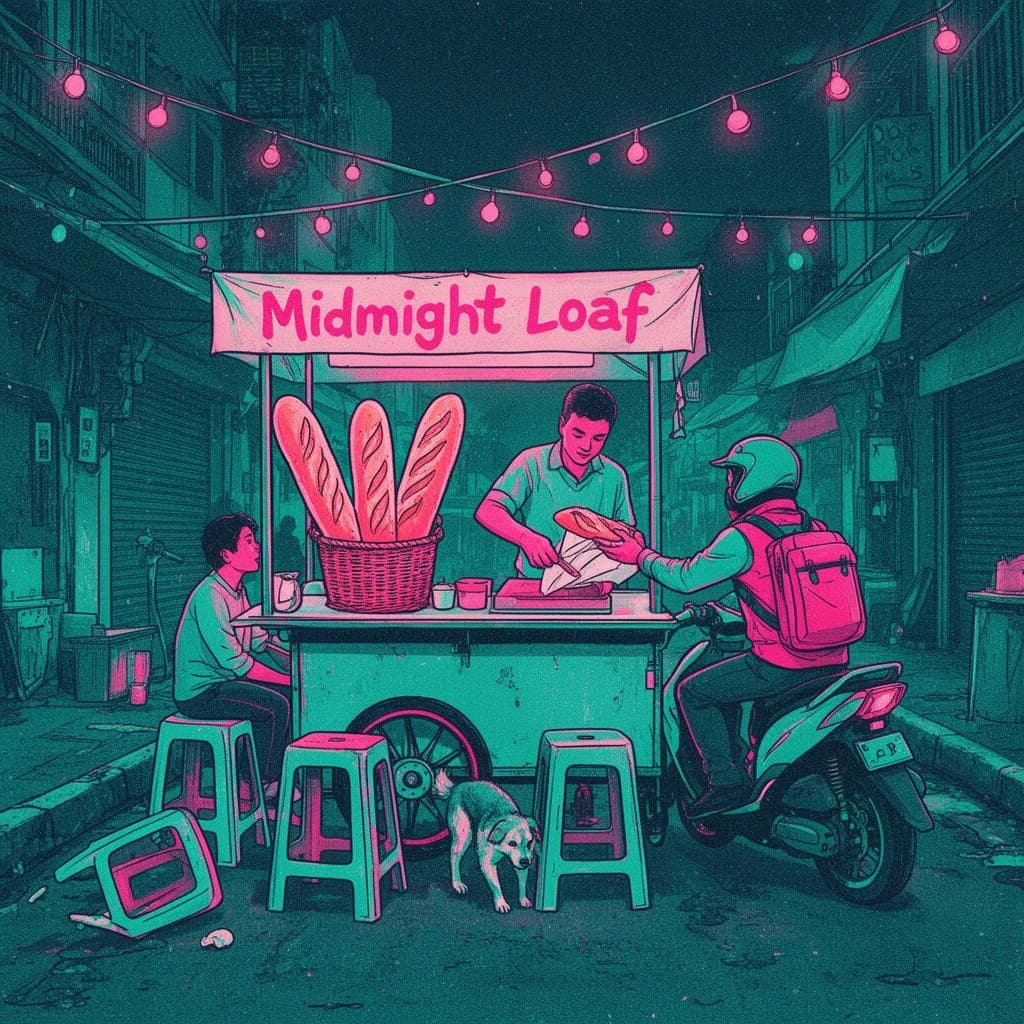 Two-color risograph print key art in fluorescent pink and teal with visible misregistration and paper grain, for a street food courier game. A night market alley: the banh mi cart at center with three baguettes standing upright in a basket and two more being sliced by the vendor, who hands one wrapped sandwich down to a courier straddling a scooter. Four plastic stools in front of the cart, three occupied and the one nearest the gutter tipped over. Two strings of bulbs cross overhead. A dog waits under the cart axle. The stall banner reads "Midnight Loaf".