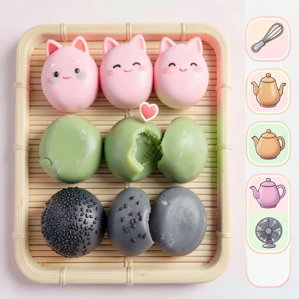 Match three board for a cozy sweets game, cute stylized 3D animation look. Nine mochi in a three by three grid on a bamboo tray: the top row strawberry pink, the middle row matcha green, the bottom row black sesame grey. The center green one has a bite taken out and a small heart icon floating above it. Two of the pink mochi wear tiny cat ears. To the right of the tray, a vertical strip of three power up icons, a whisk, a teapot and a fan. Soft pastel lighting, glossy dusted surfaces.
