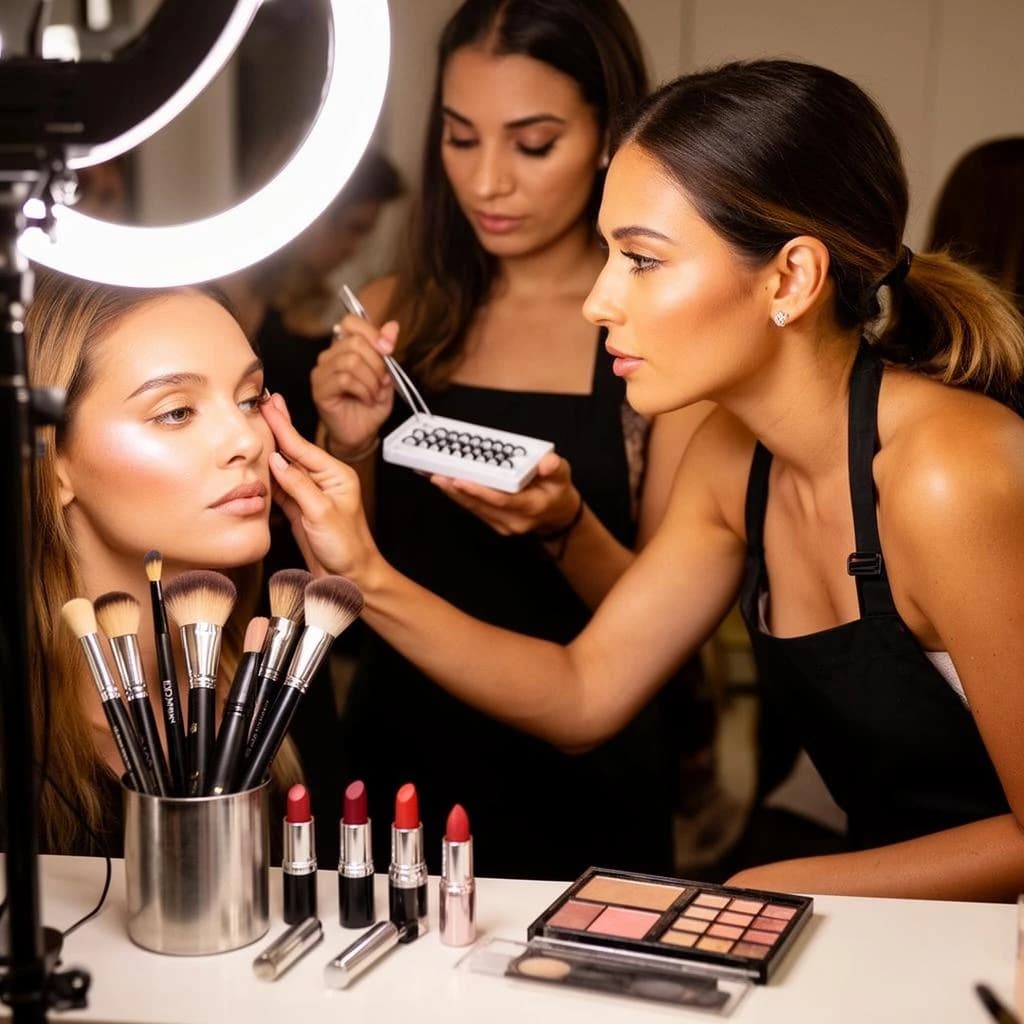 Fashion photograph at a backstage vanity lit by a ring light. A makeup artist in a black apron leans in from the right and blends cream blush into a seated model's cheekbone with her fingers, while a second artist standing behind them holds a lash tray in one hand and tweezers in the other, mid pick. On the counter between them: six brushes standing bristle up in a metal cup, three lipstick bullets lying in a row with their caps off beside them, and one open palette showing two used shades and four untouched. Warm skin tones, glossy highlights, shallow depth of field.