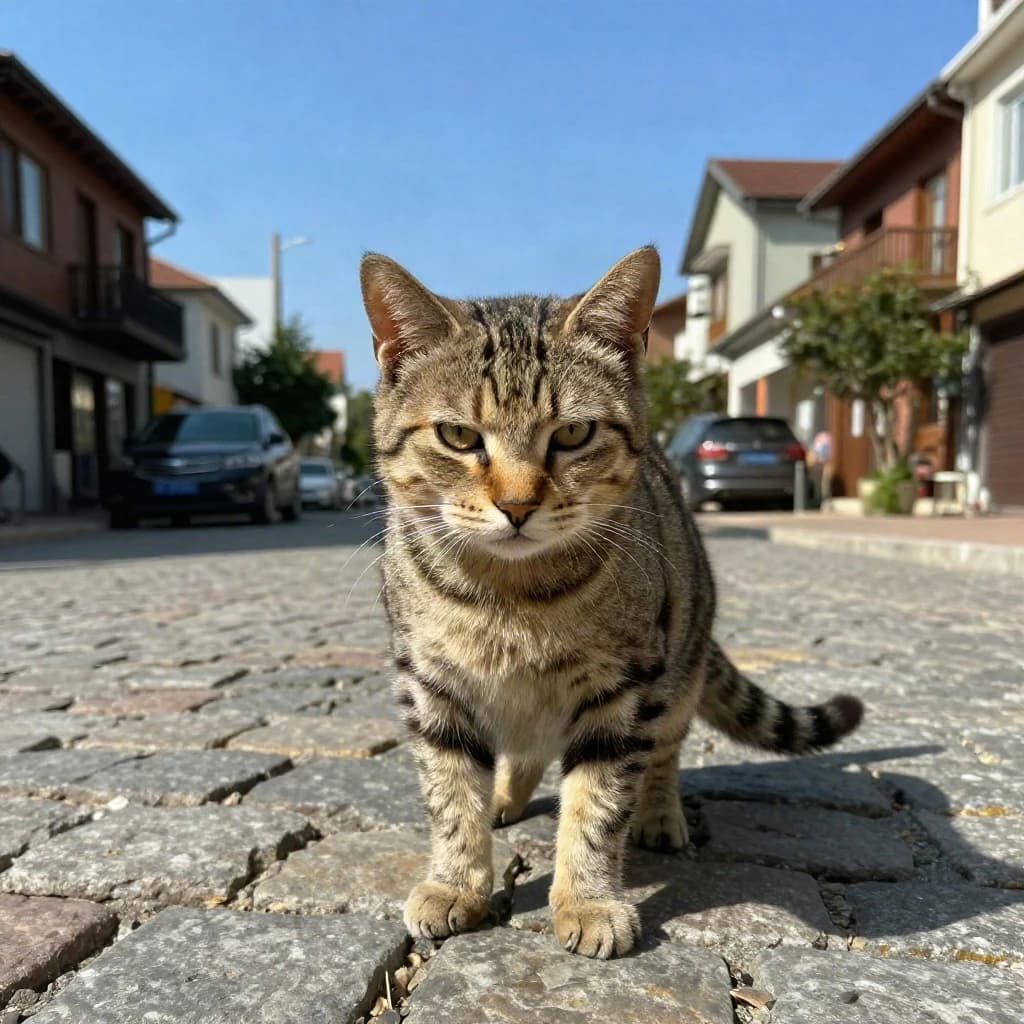 The instant a tabby cat gathers the color of the surrounding sky, on a cobblestone street, in bright midday sun.