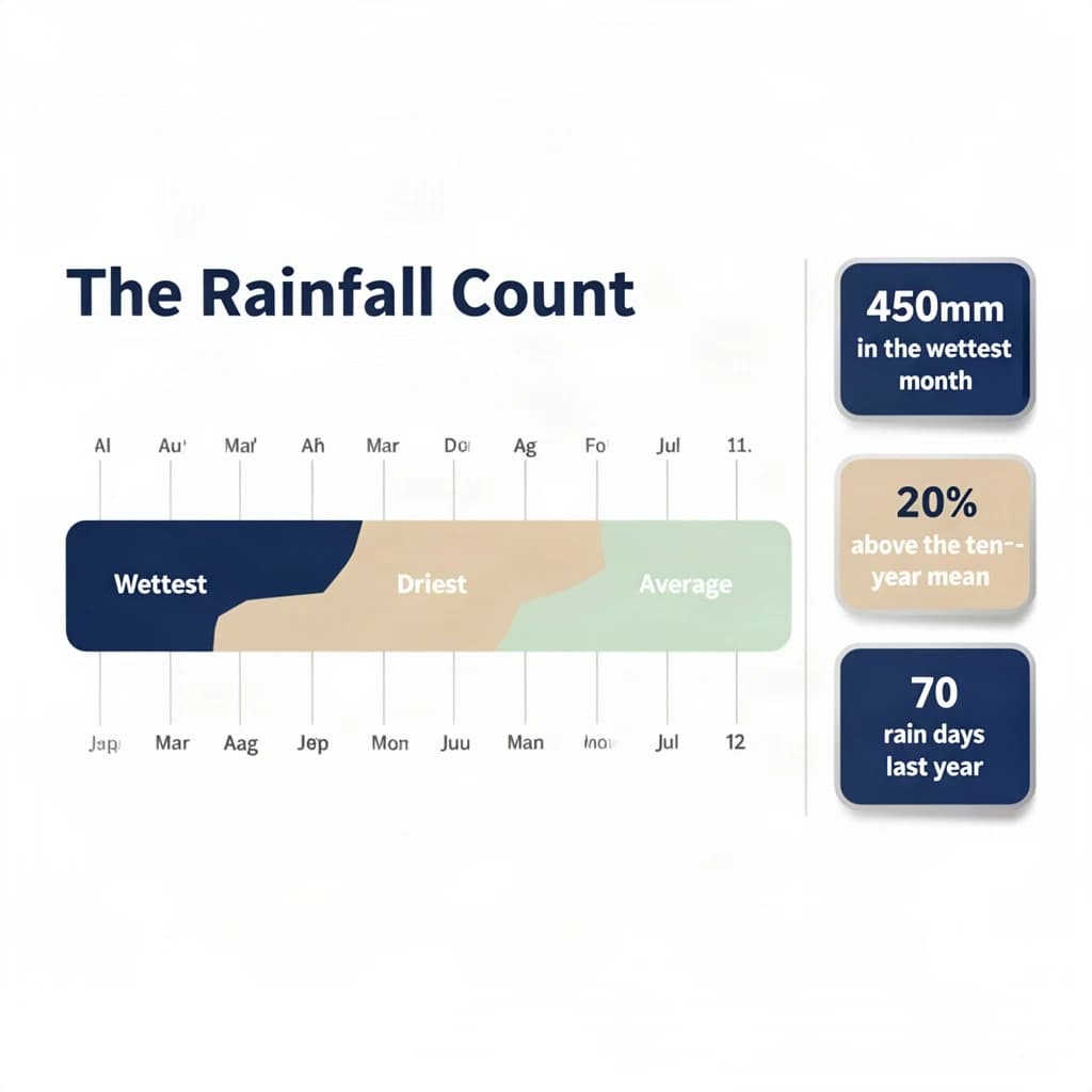 Printed poster titled "The Rainfall Count": at the center a twelve-month rainfall timeline, carrying three keyed regions, "Wettest" shaded dark blue, "Driest" shaded sand and "Average" shaded pale green, beside a right column of three stat chips reading "450mm in the wettest month", "20% above the ten-year mean" and "70 rain days last year".