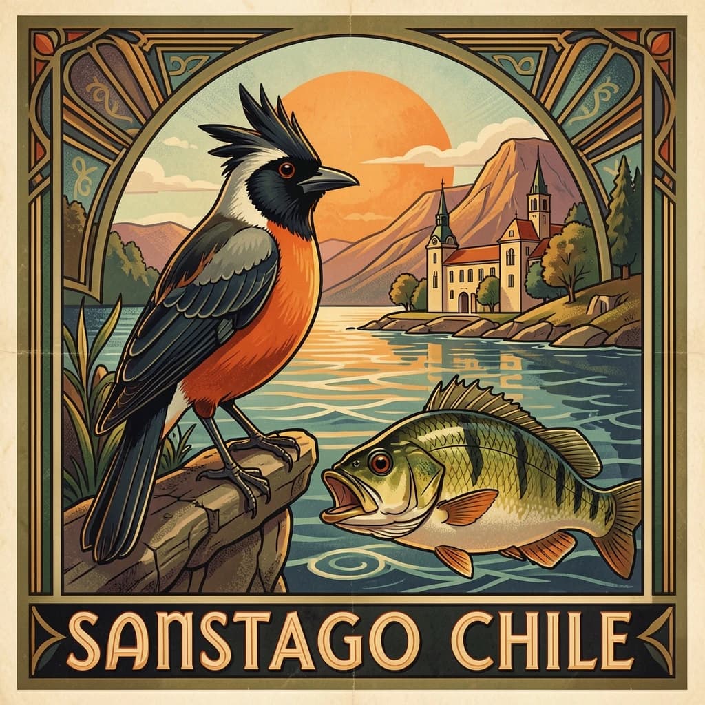 Crested Myna and Gudgeon in Santiago, Chile in the style of art deco
