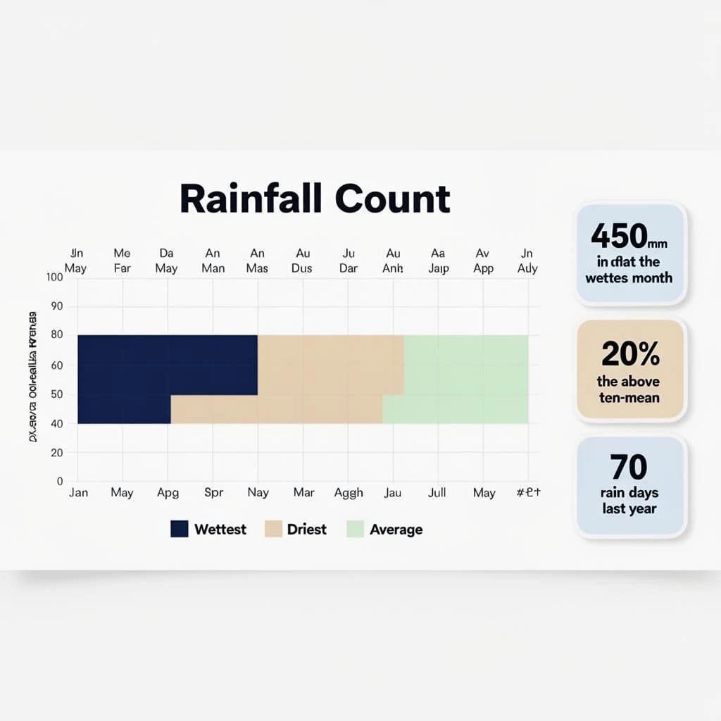 Printed poster titled "The Rainfall Count": at the center a twelve-month rainfall timeline, carrying three keyed regions, "Wettest" shaded dark blue, "Driest" shaded sand and "Average" shaded pale green, beside a right column of three stat chips reading "450mm in the wettest month", "20% above the ten-year mean" and "70 rain days last year".