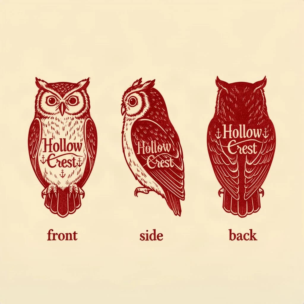 Linocut print: one bookstore owl mascot in three views. The views are captioned "front", "side" and "back" in that order. The wordmark "Hollow Crest" appears on every view with a small anchor mark beside it. The red-and-cream coloring is the same across every view, and only the angle changes.
