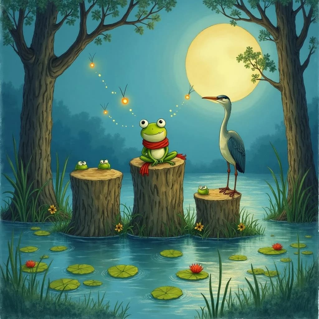 Story card in soft children's book illustration with crayon texture. A moonlit swamp with three cypress stumps in a row across the water. A small green frog in a red scarf sits on the middle stump. Two fireflies circle above his head while four more sit sleeping on the reeds to the left. A heron stands knee deep at the right edge, looking away from the frog. Nine lily pads float across the foreground, only one of them carrying a flower.