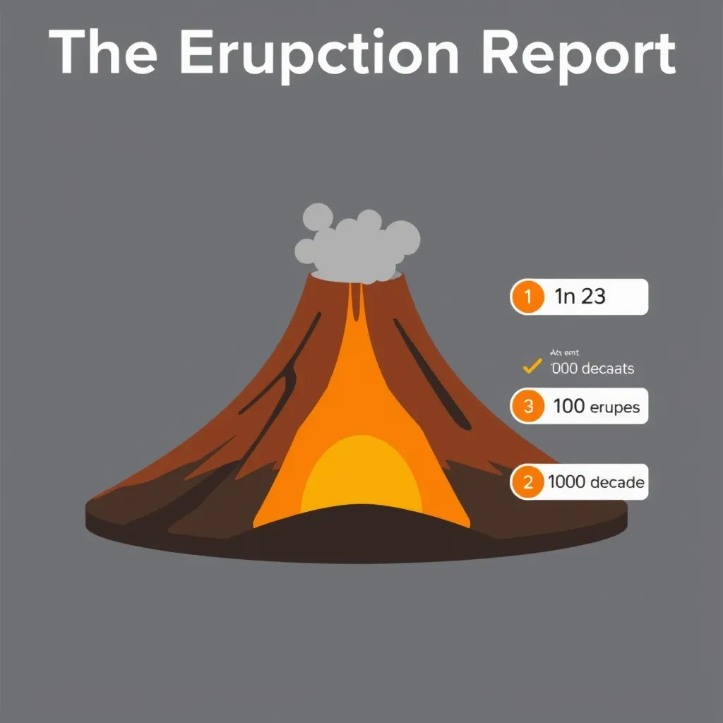 Flat vector illustration titled "The Eruption Report". A cutaway cone sits at the center, carrying three keyed regions, "Lava channel" shaded red, "Ash cloud" shaded gray and "Magma chamber" shaded orange. Three stat chips run down a right column, reading "810 tremors before the last eruption", "1 in 23 erupt each decade" and "1,000 degrees at the vent". Each key color matches the shading of the region it names.