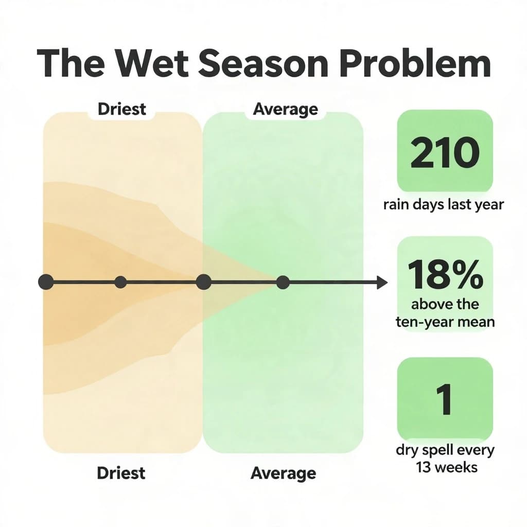 Printed poster titled "The Wet Season Problem". A twelve-month rainfall timeline sits at the center, carrying two keyed regions, "Driest" shaded sand and "Average" shaded pale green. Three stat chips run down a right column, reading "210 rain days last year", "18% above the ten-year mean" and "1 dry spell every 13 weeks". Each key color matches the shading of the region it names.
