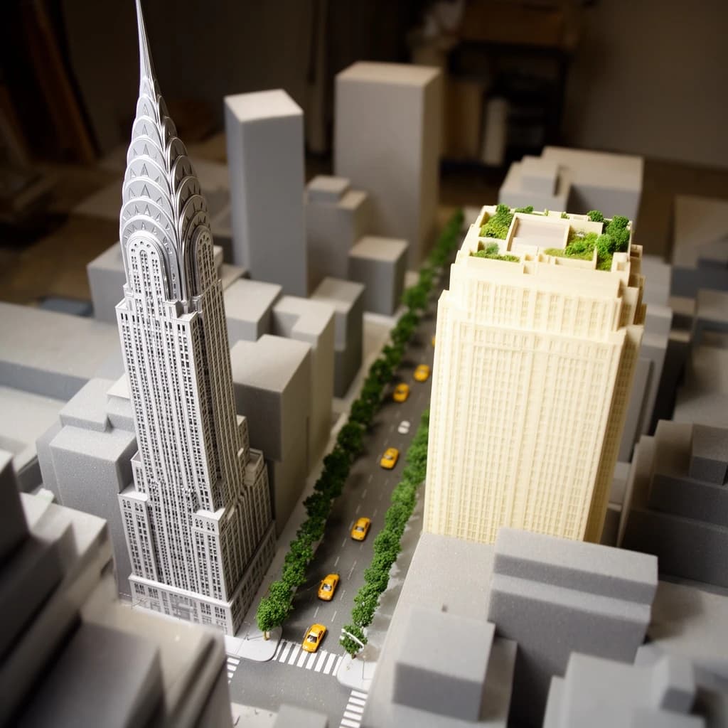 Tilt shift photograph of a hand built architectural scale model of a Midtown Manhattan block, studio lit from the upper left.
The Chrysler Building stands on the corner in polished silver card with its stepped crown and triangular windows. Directly across the street sits a proposed cream limestone tower, two floors shorter, topped by a stepped roof garden. Between them four smaller grey massing blocks in plain foam. Six tiny yellow cabs on the avenue, three stopped at the crossing and three queued behind, with a line of green model trees down the median.
