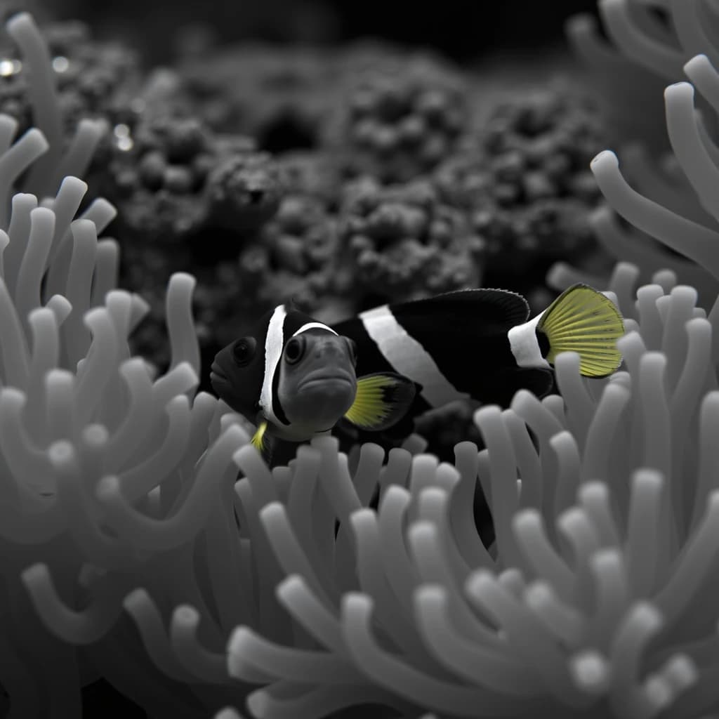 Greenling and Clown Anemone Fish in Bucharest, Romania in the style of black and white