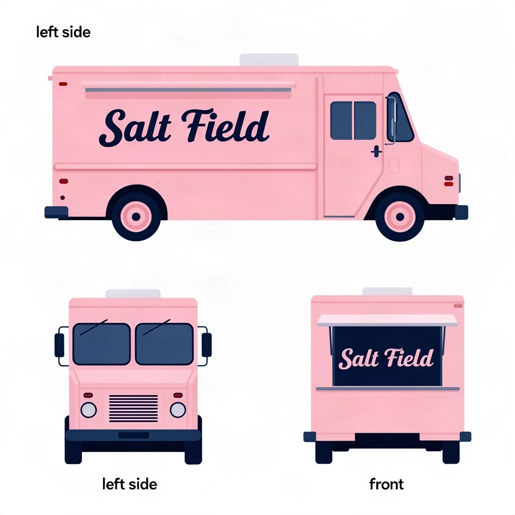 Flat vector illustration of the same food truck drawn in two sides, captioned "left side" and "front", every side carrying the wordmark "Salt Field" in the same pink-and-navy coloring, only the side changing.