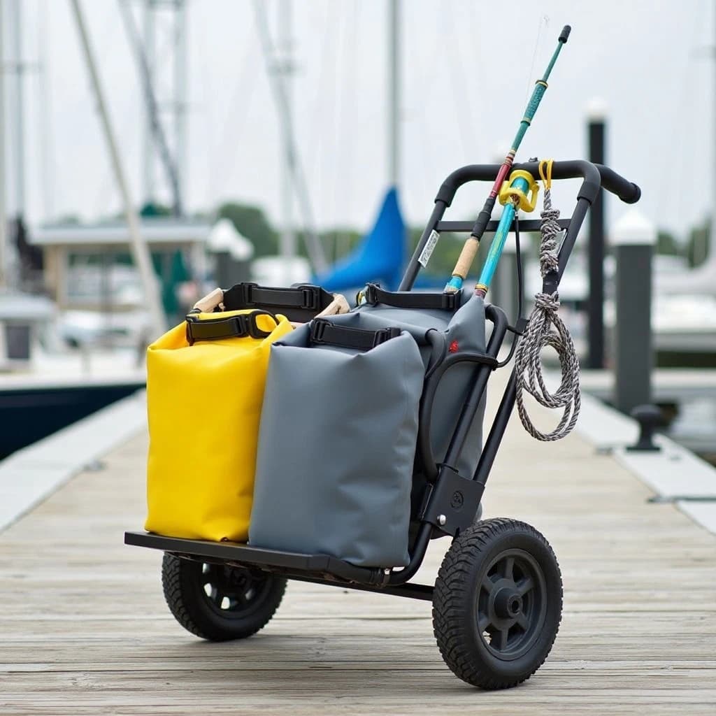 Lifestyle listing photo on a marina dock: a folding dock cart holding three dry bags, the largest yellow and the two smaller ones grey, two fishing rods leaning against the handle, and one coiled dock line hanging from the front rail. Masts blurred behind.