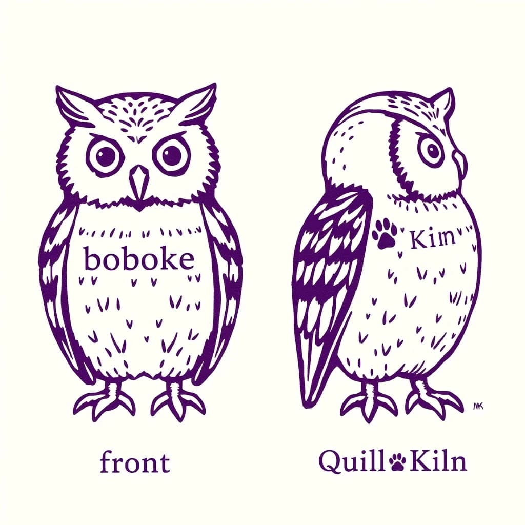 Linocut print: one bookstore owl mascot in two views. The views are captioned "front" and "side" in that order. The wordmark "Quill Kiln" appears on every view with a paw mark beside it. The purple-and-white coloring is the same across every view, and only the angle changes.