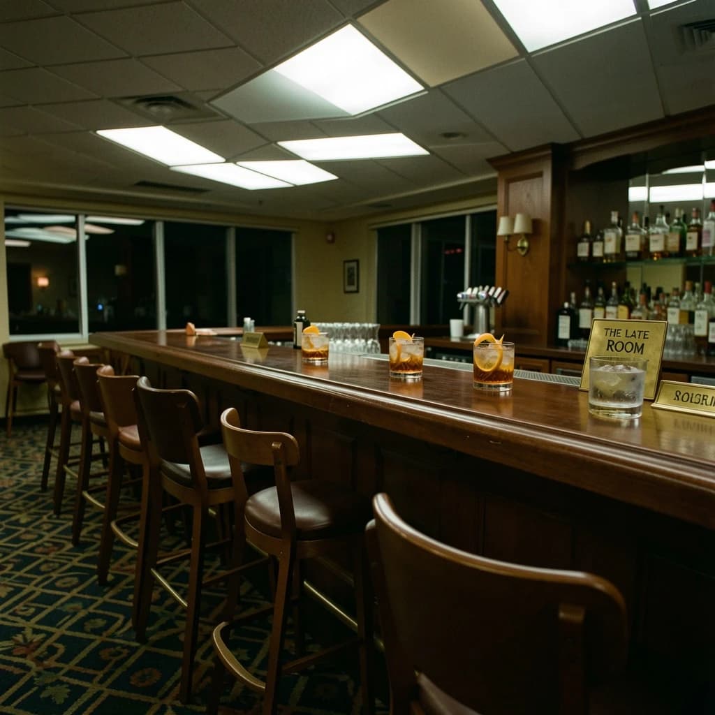 Liminal space photograph of a hotel bar at four in the morning, humming fluorescent ceiling panels, patterned carpet running off frame, nobody in sight. Eleven identical barstools stand in one unbroken row along the counter, only the fifth pulled out and turned. Three finished old fashioneds sit spaced along the bar, each down to melted ice and a single orange peel, and a fourth glass, freshly poured and still clear, waits at the far end beside a small brass sign reading "THE LATE ROOM".