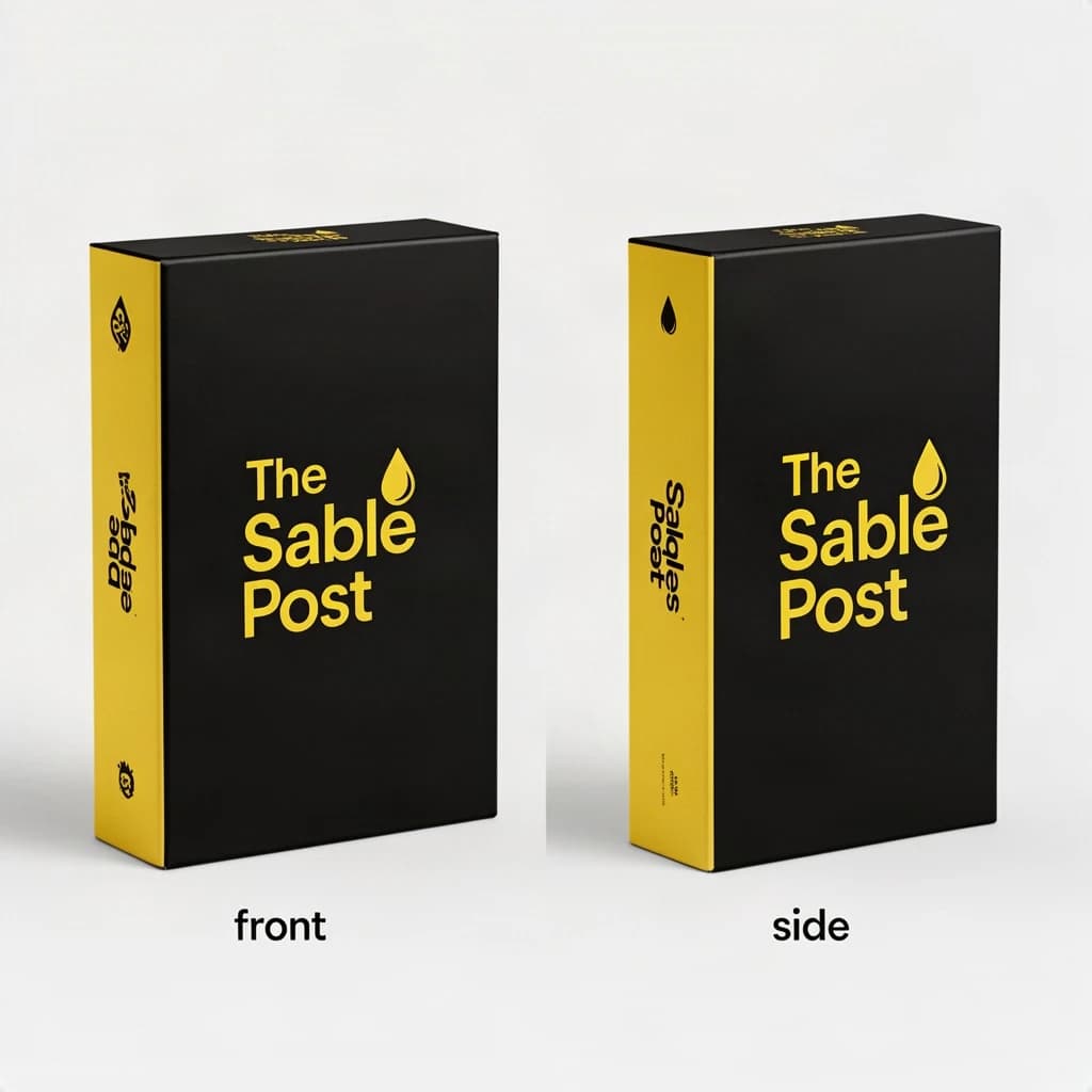 Printed poster of the same board-game box drawn in two views, captioned "front" and "side", every view carrying the wordmark "The Sable Post" with a single droplet symbol beside it in the same black-and-yellow coloring, only the angle changing.
