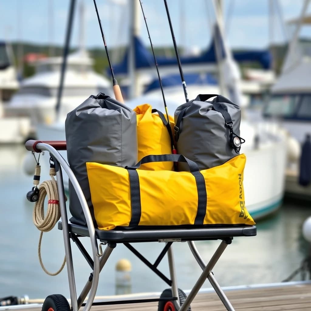 Lifestyle listing photo on a marina dock: a folding dock cart holding three dry bags, the largest yellow and the two smaller ones grey, two fishing rods leaning against the handle, and one coiled dock line hanging from the front rail. Masts blurred behind.