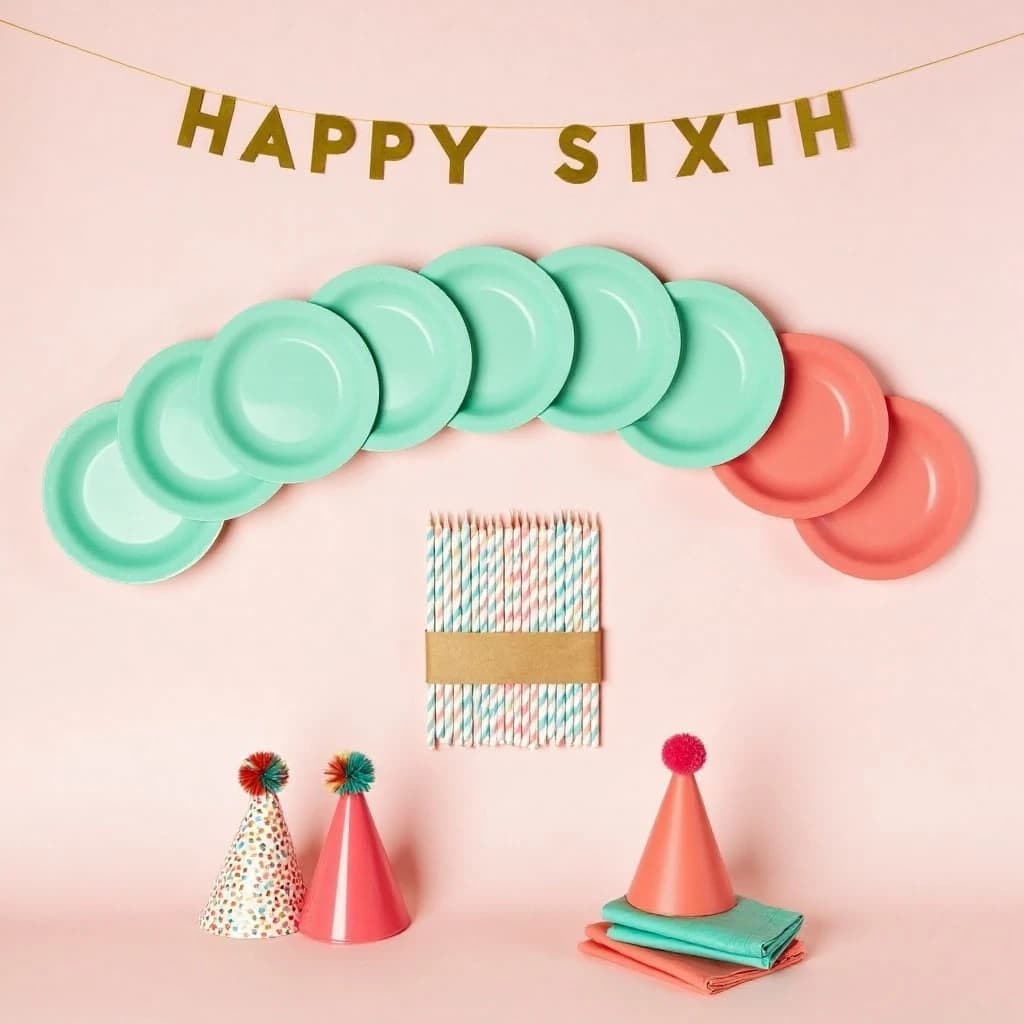 Flat lay photograph on pale pink paper, lit softly from above.
Eight paper plates fanned in an arc across the top of the frame, alternating mint and coral, four of each, mint first from the left.
Below the arc, twelve striped candles bundled under a paper band, laid diagonally.
Three cone party hats stacked at the lower left, only the middle hat trimmed with a pom pom.
At the lower right, six folded napkins in two piles of three, one pile mint and one coral.
A paper banner strung across the very top spells "HAPPY SIXTH" in gold letters, a few letters overlapping the plate arc.