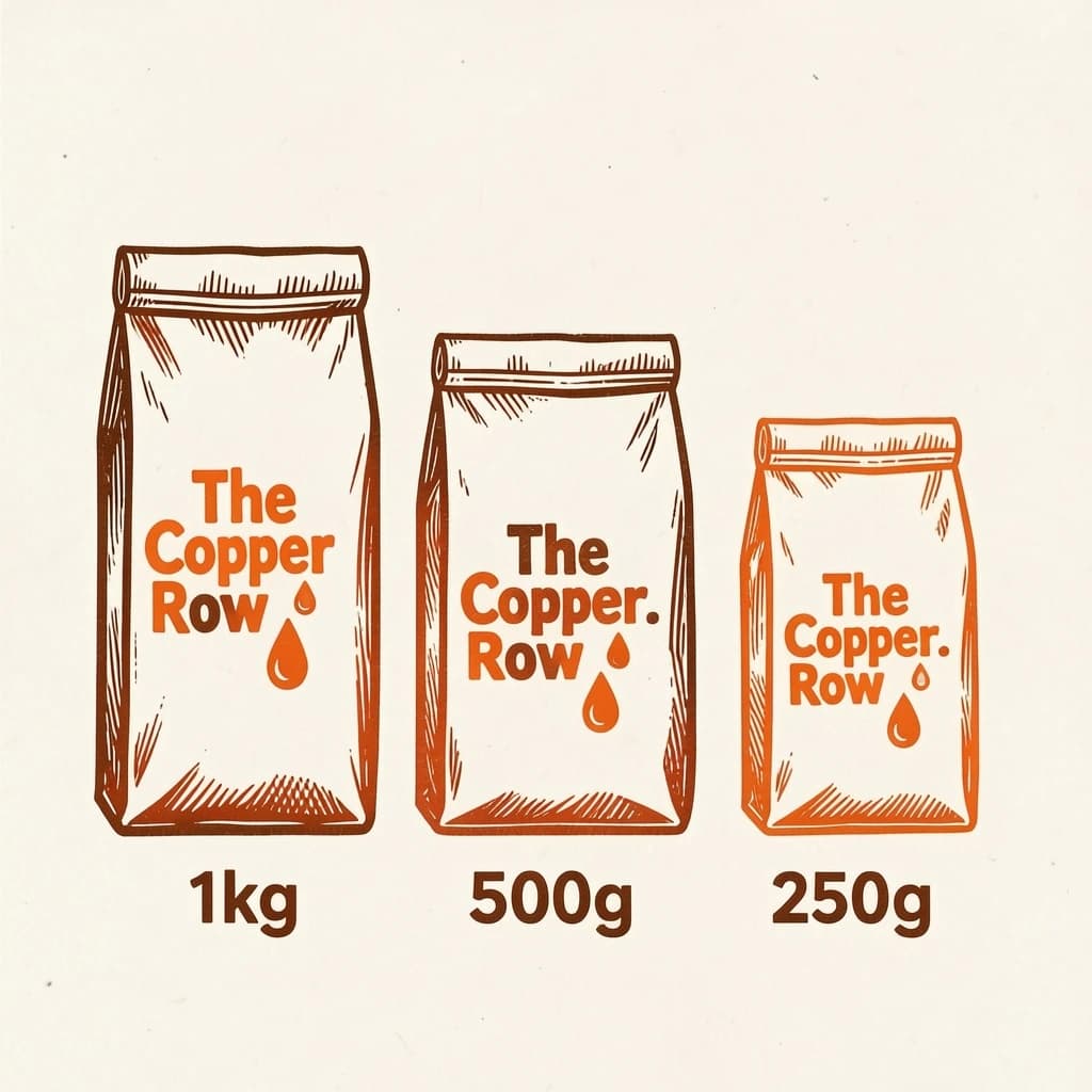 Linocut print: one coffee bag in three sizes. The sizes are captioned "1kg", "500g" and "250g" in that order. The wordmark "The Copper Row" appears on every size with a single droplet symbol beside it. The orange-and-brown coloring is the same across every size, and only the bag size changes.