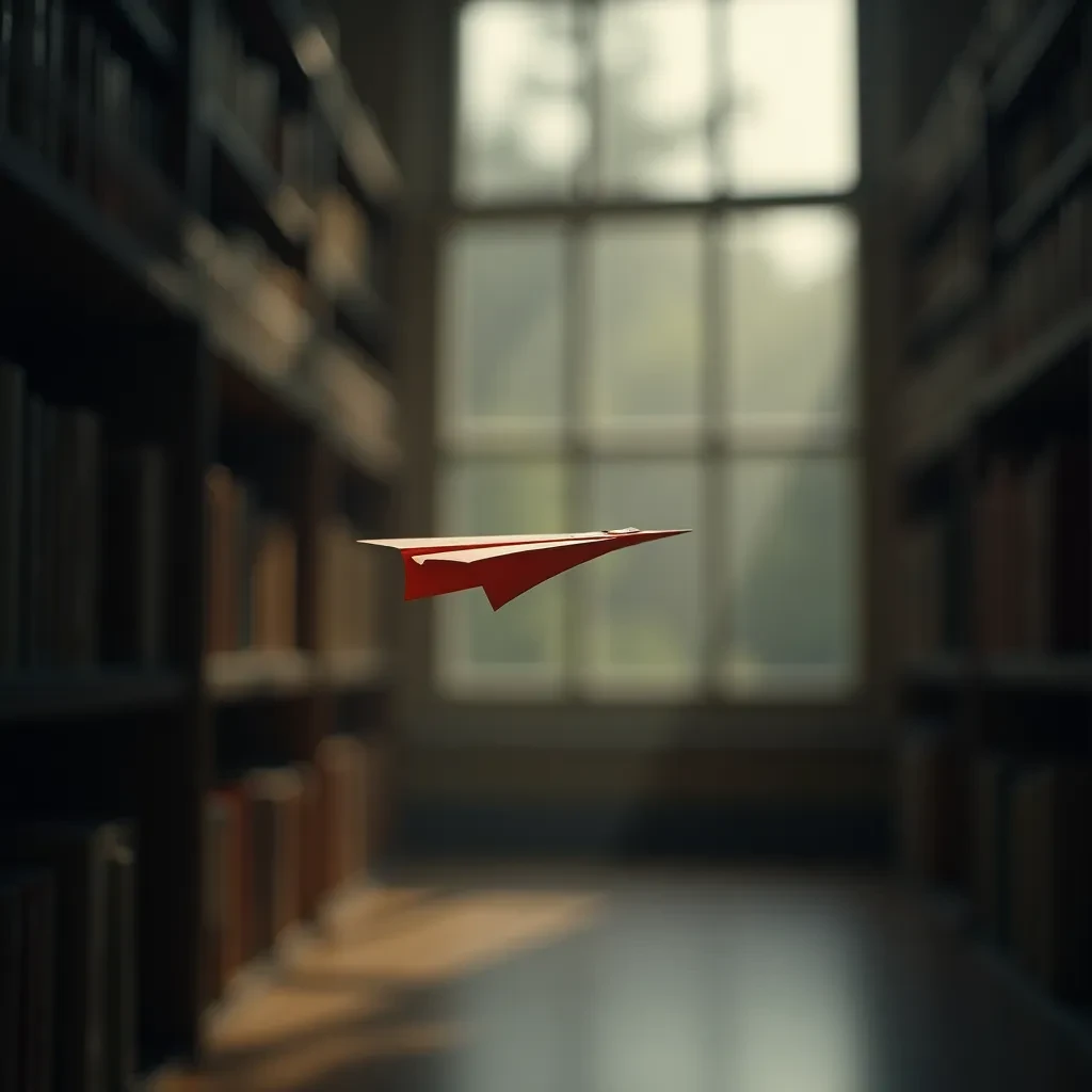 The quiet second when a paper airplane picks up a soft edge highlight, in a quiet library, after a light rain shower.