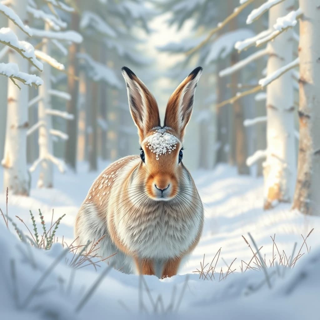 An arctic hare covered in morning dew in a snowy pine forest, in dappled afternoon light, symmetrical head-on framing, pastel drawing style.