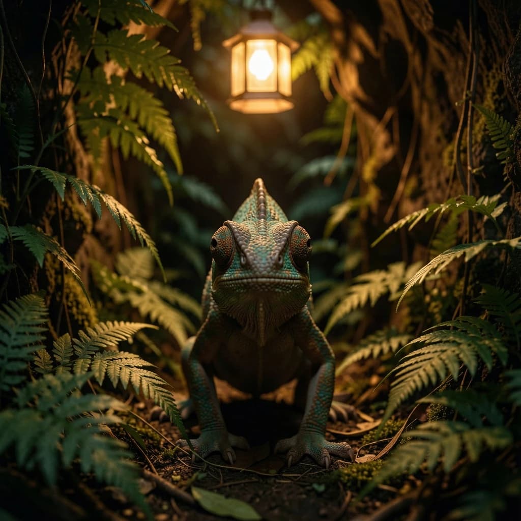 A chameleon half in shadow in a fern-filled ravine, under warm lamplight, symmetrical head-on framing, soft-focus portrait photography style.