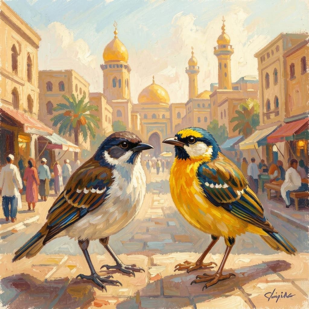 Scrub-Bird and Yellowtail in Cairo, Egypt in the style of impressionist