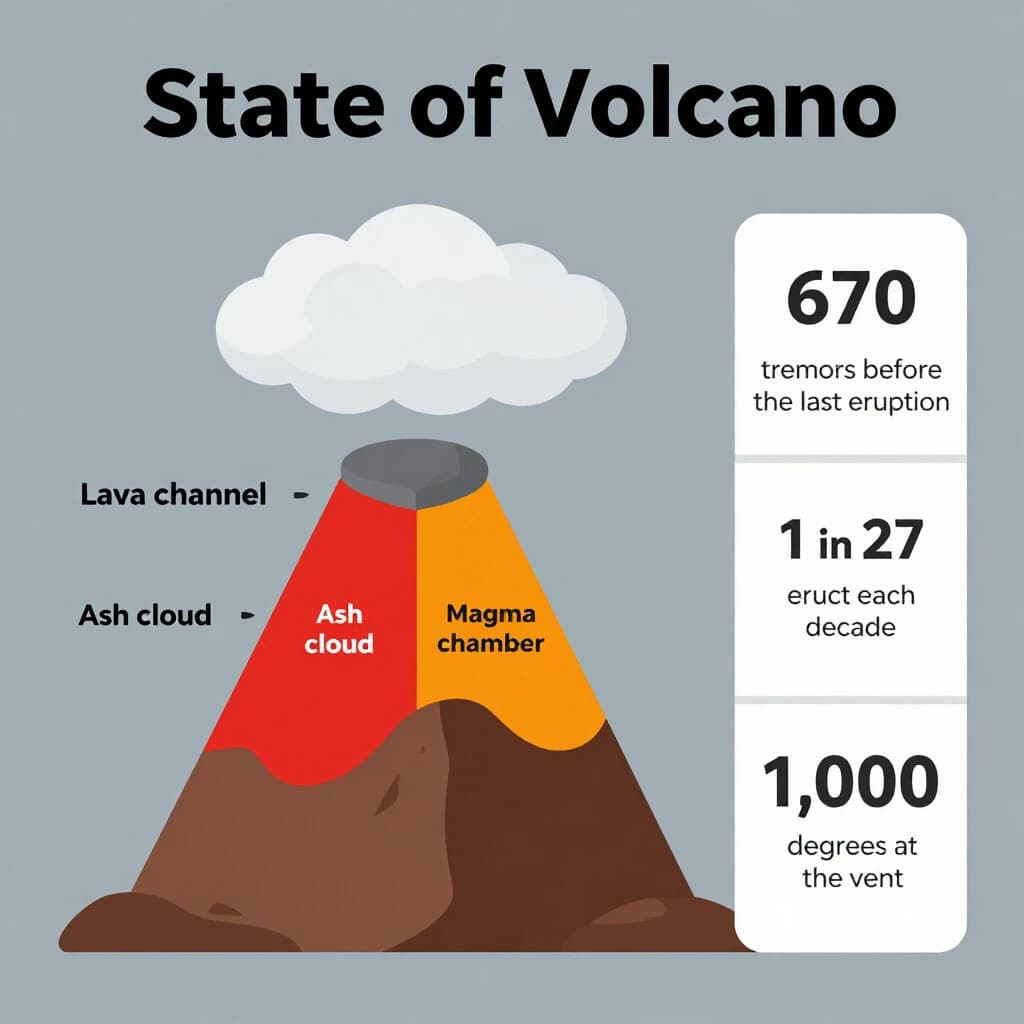 Flat vector illustration titled "State of Volcano": at the center a cutaway cone, carrying three keyed regions, "Lava channel" shaded red, "Ash cloud" shaded gray and "Magma chamber" shaded orange, beside a right column of three stat chips reading "670 tremors before the last eruption", "1 in 27 erupt each decade" and "1,000 degrees at the vent".