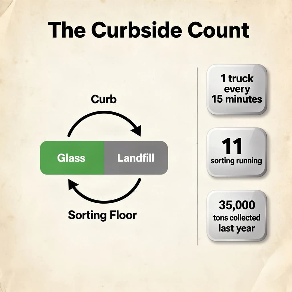Printed poster titled "The Curbside Count": at the center a flow chart from curb to sorting floor, carrying two keyed regions, "Glass" shaded green and "Landfill" shaded gray, beside a right column of three stat chips reading "1 truck every 15 minutes", "11 sorting lines running" and "35,000 tons collected last year".