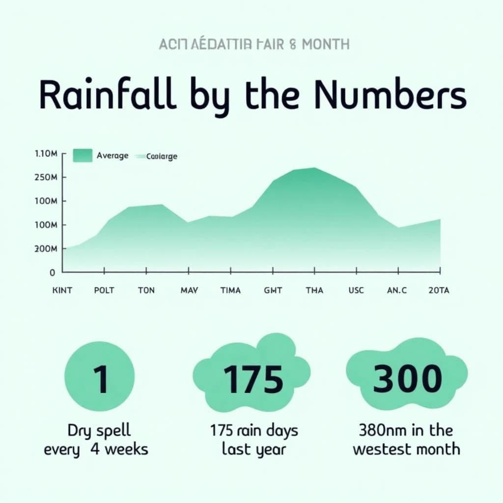 Flat infographic titled "Rainfall by the Numbers": at the center a twelve-month rainfall timeline, carrying two keyed regions, "Average" shaded pale green and "Wettest" shaded dark blue, beside a bottom row of three stat chips reading "1 dry spell every 4 weeks", "175 rain days last year" and "380mm in the wettest month".