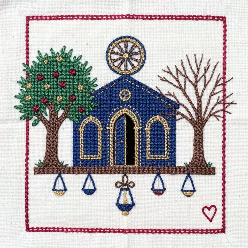 Pin stitched as a cross stitch sampler on natural linen, chunky visible stitches. Center: a synagogue front elevation in deep blue and gold thread, a rose window above three arched doors, the middle door taller and standing open while the two outer doors are closed. Two stitched olive trees flank the building, the left one heavy with fruit and the right one bare. Along the bottom, nine stitched lamps hang from a stitched beam with the middle lamp hanging lower than the rest. A narrow pomegranate border runs all the way around, with a small stitched heart in the bottom right corner.