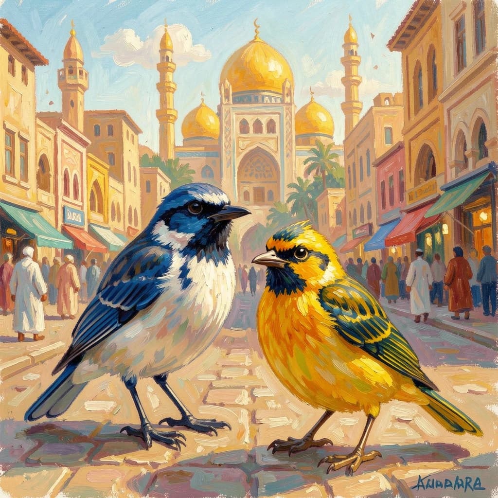 Scrub-Bird and Yellowtail in Cairo, Egypt in the style of impressionist