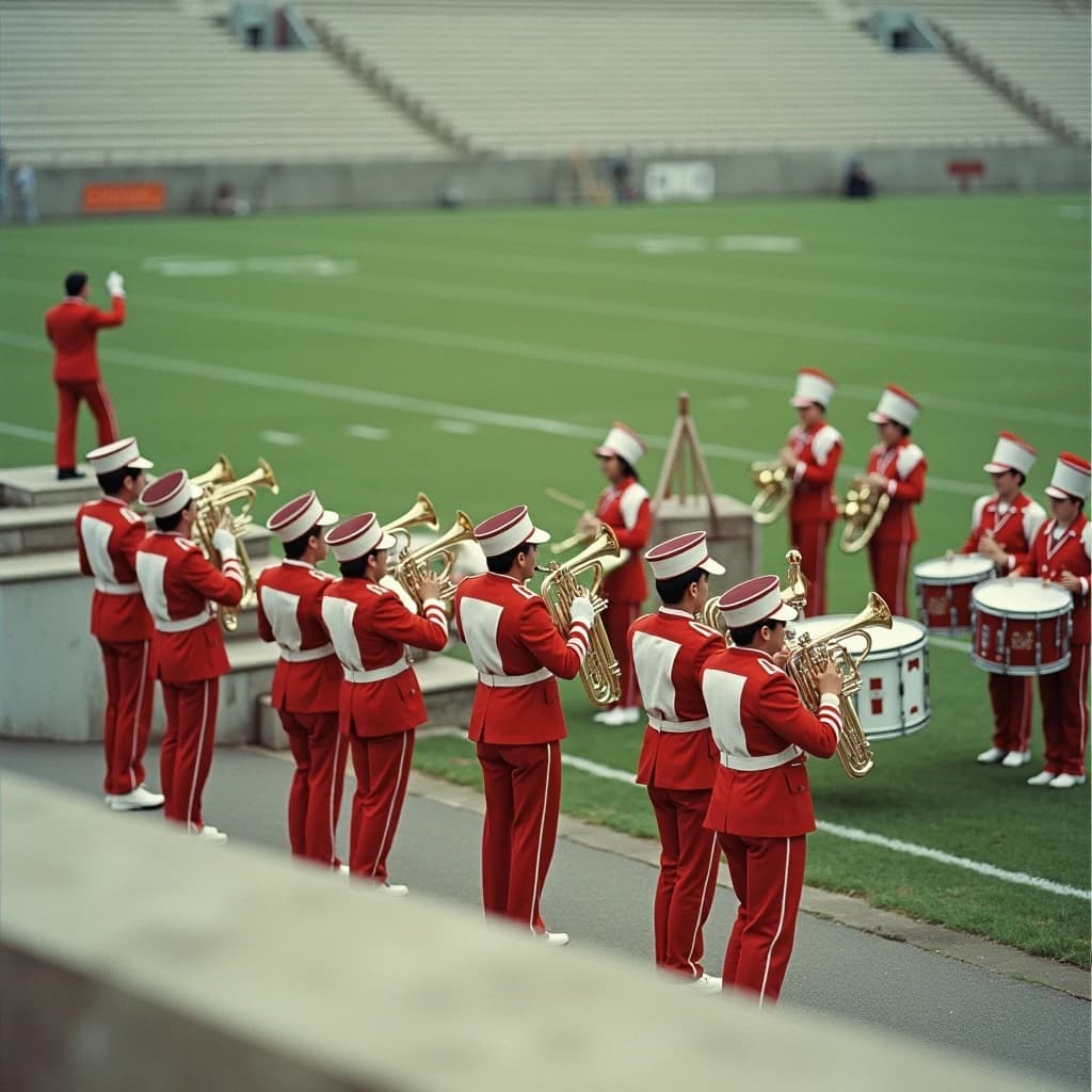 Nineteen seventies Kodachrome-era colour film look, faded warm grain and slight overexposure: a high school marching band seen from a stadium walkway. Front rank of five trumpet players in red and white uniforms, all with horns raised. Behind them three sousaphones in a triangle, the middle player caught mid turn. A line of four drummers to the right, the snare drummer nearest the camera mid stroke. A single drum major stands on a podium at the far left with his back to us, arms up. Empty green field behind them.