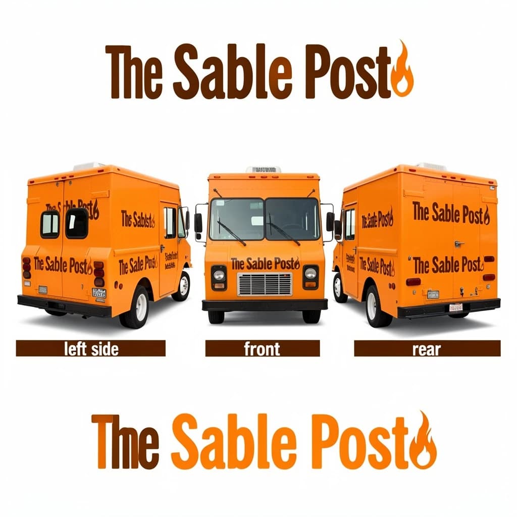 Printed poster: one food truck in three sides. The sides are captioned "left side", "front" and "rear" in that order. The wordmark "The Sable Post" appears on every side with a small flame icon beside it. The orange-and-brown coloring is the same across every side, and only the side changes.