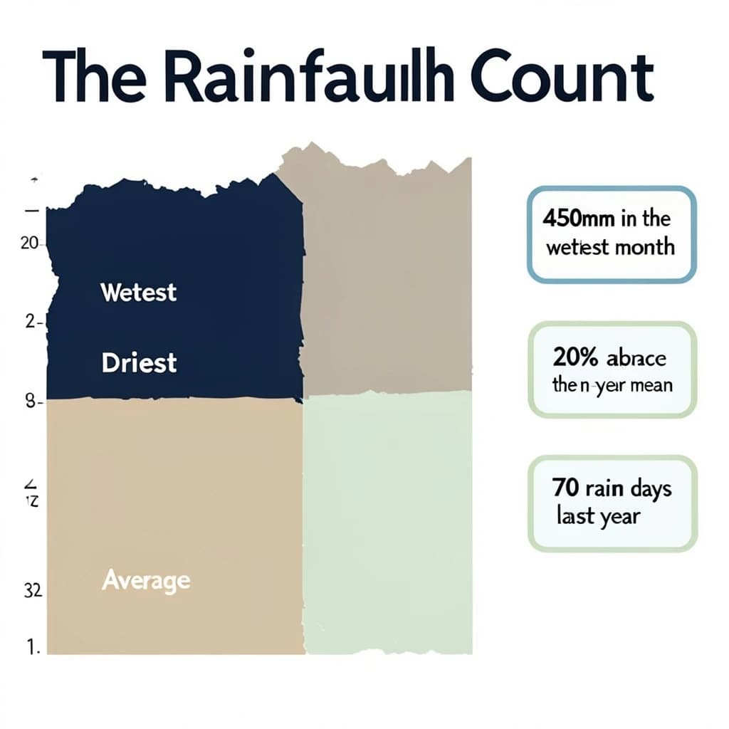 Printed poster titled "The Rainfall Count": at the center a twelve-month rainfall timeline, carrying three keyed regions, "Wettest" shaded dark blue, "Driest" shaded sand and "Average" shaded pale green, beside a right column of three stat chips reading "450mm in the wettest month", "20% above the ten-year mean" and "70 rain days last year".
