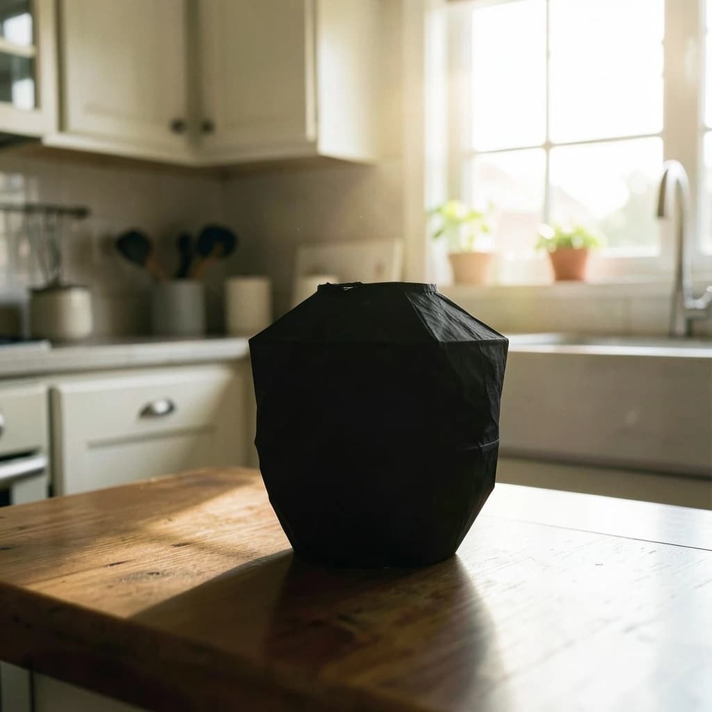 The still point when a paper lantern reads as a single dark silhouette, in a sunlit kitchen, under soft morning light.