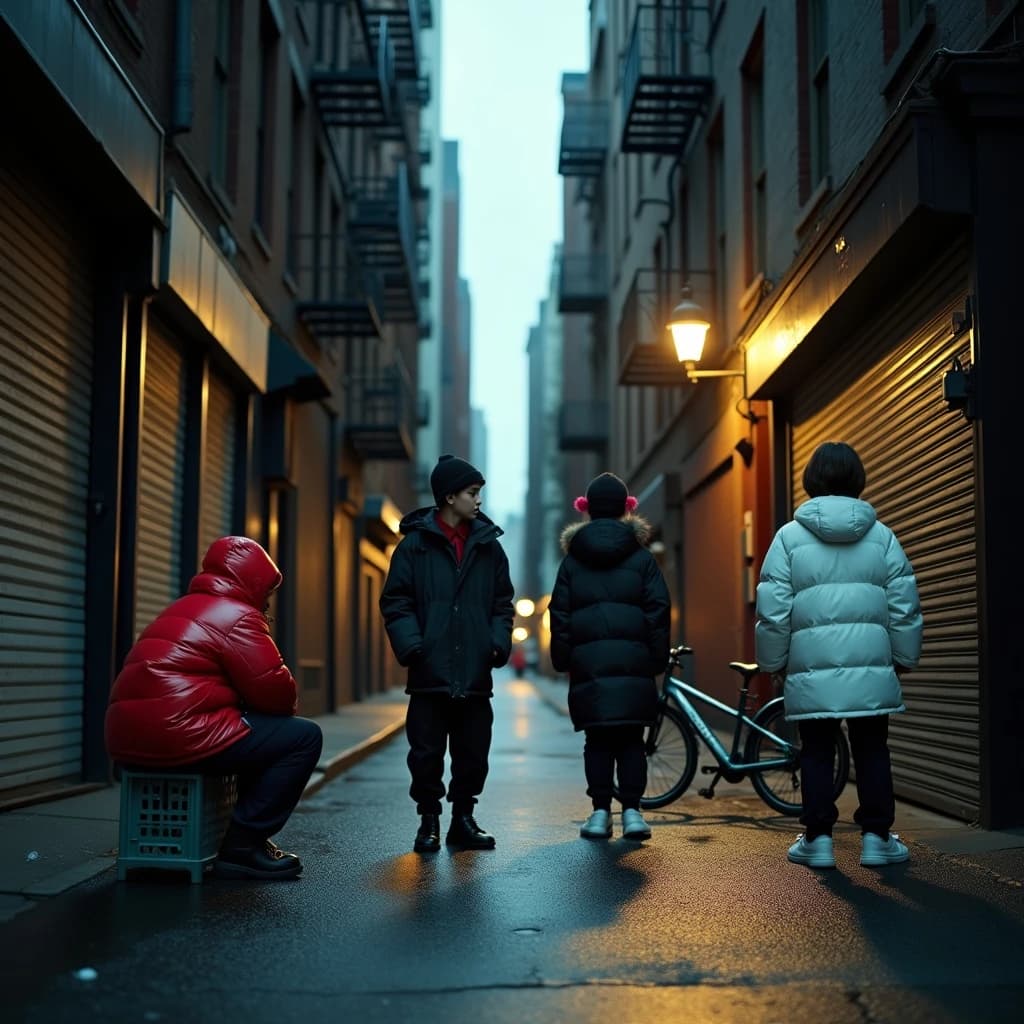 Cinematic photograph for a streetwear campaign, shot straight down a narrow rain-slick alleyway at dusk. Four models spread through the depth of the frame: the nearest crouches on a milk crate in a red puffer, two stand mid-alley in matching black coats, one leaning on a roll-up shutter and one holding a lollipop, and the farthest stands under the single working lamp in white. Three of the six fire escapes above carry laundry lines; the rest are bare. A delivery bike lies on its side between the two middle models. Blurred street traffic only at the far end.