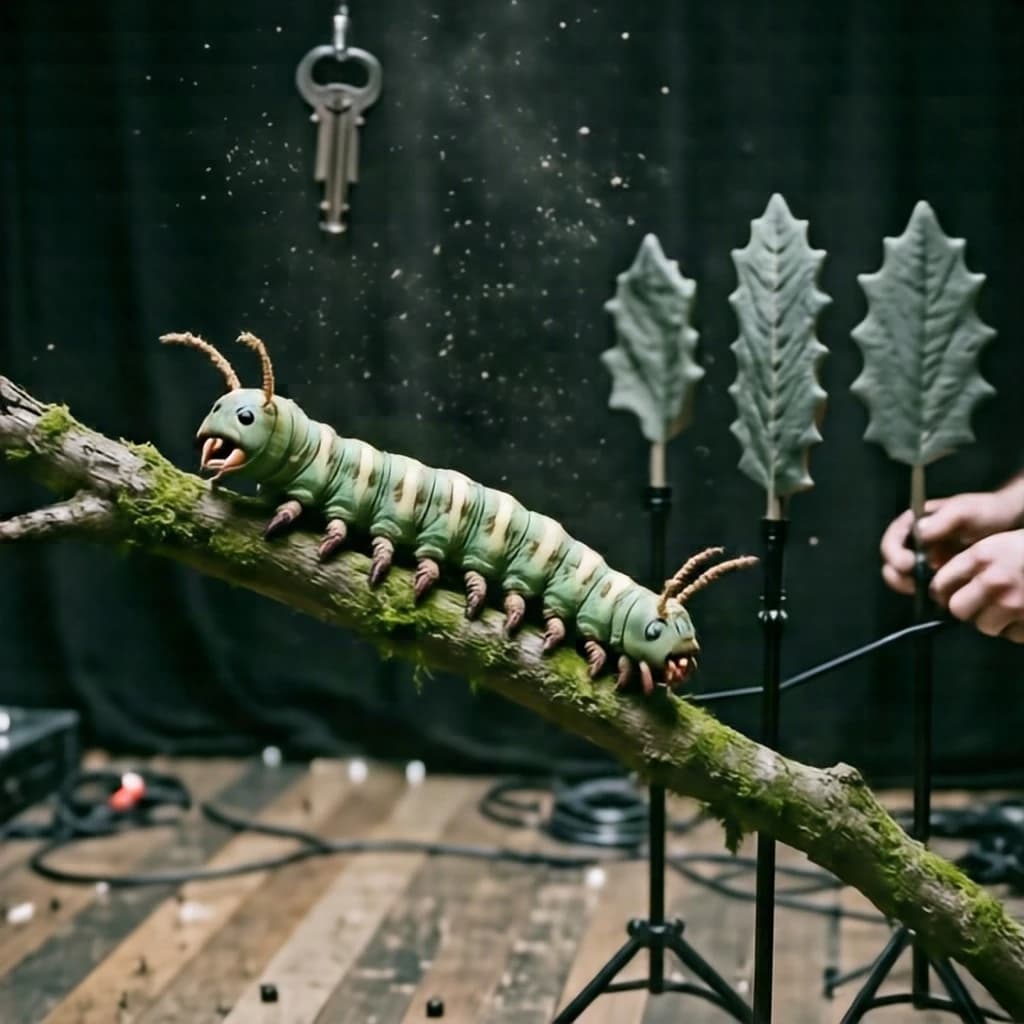 Macro photography of a practical effects test on a soundstage floor. A metre-long animatronic caterpillar puppet, dull green with a cream stripe, arched over a moss-covered branch: eight pairs of stubby legs, the front three pairs gripping the branch, the rest hanging free. Two thin black rods run out of frame to the right where a puppeteer's hands are just visible, and a third rod supports the head, which is turned toward camera with its mandibles open. Behind it, three sprayed foam leaves on stands, the middle one already chewed through. Hard key from above, black felt background, dust in the air.